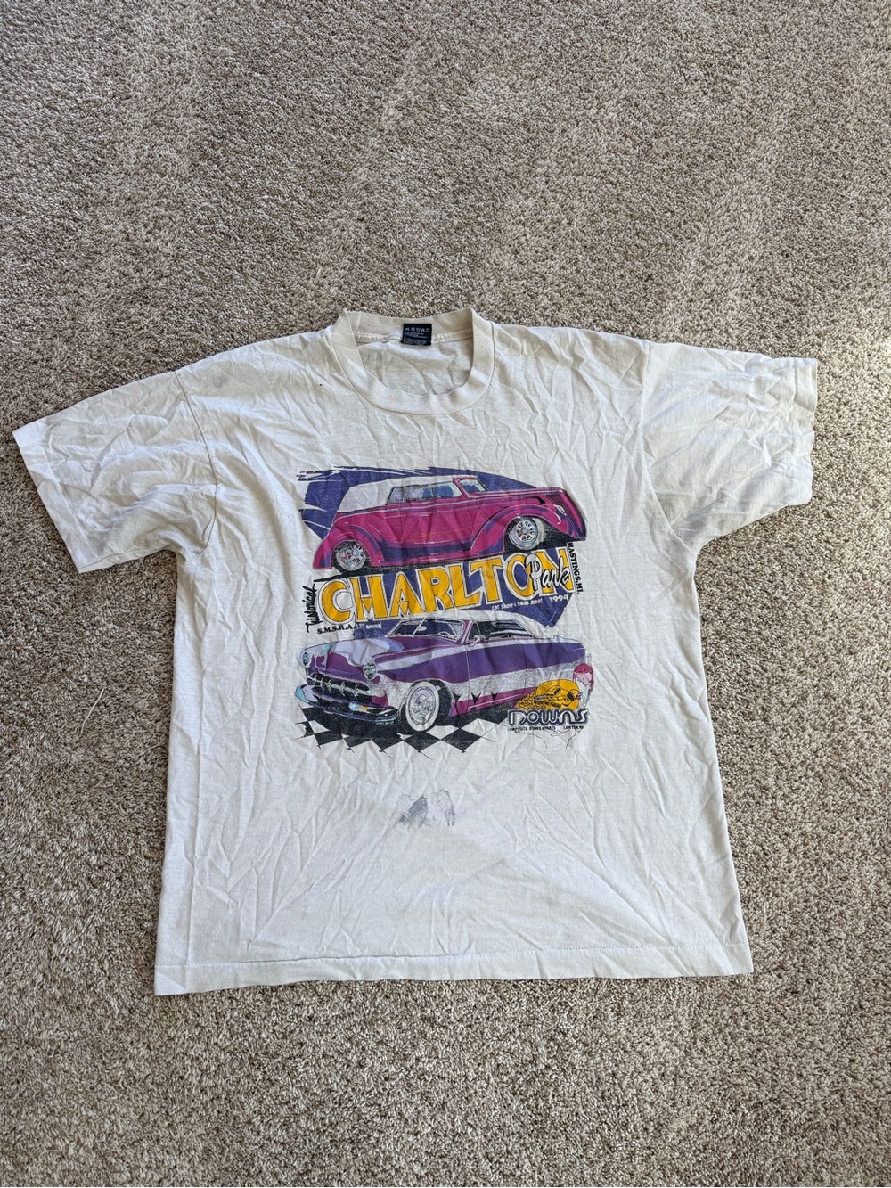 Fruit of the Loom White Tee with Purple and Pink Car Graphics